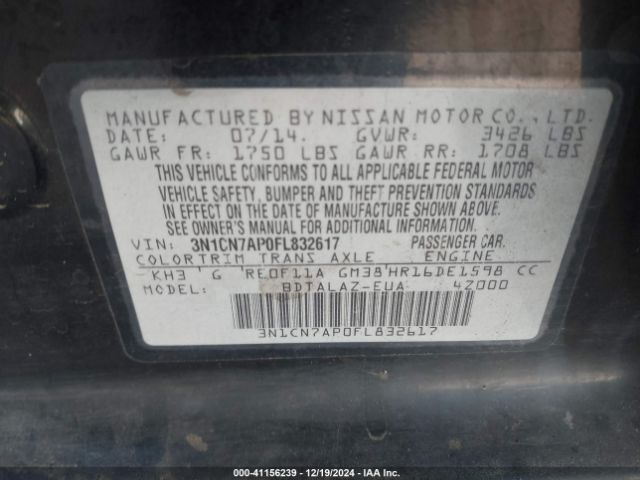 3N1CN7AP0FL832617 Nissan Versa 1.6 S+