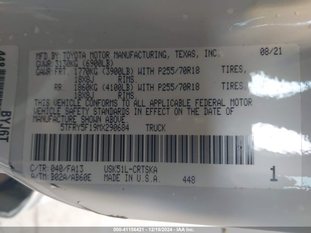 Toyota Tundra Sr 2021 5TFRY5F19MX290684 Image 9