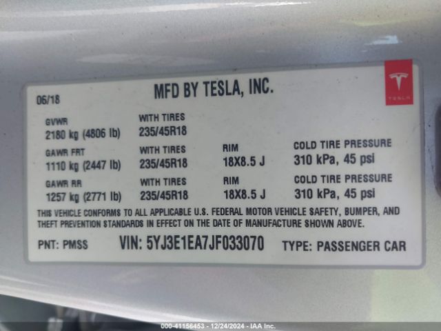 5YJ3E1EA7JF033070 Tesla Model 3 Long Range/mid Range