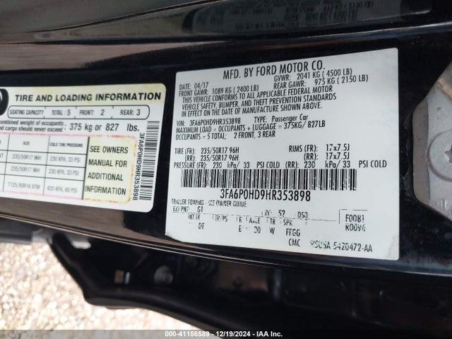 Ford FUSION SE 2017 3FA6P0HD9HR353898 Image 9
