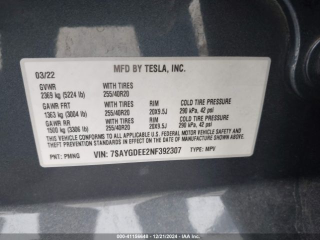 7SAYGDEE2NF392307 Tesla Model Y Long Range Dual Motor All-wheel Drive