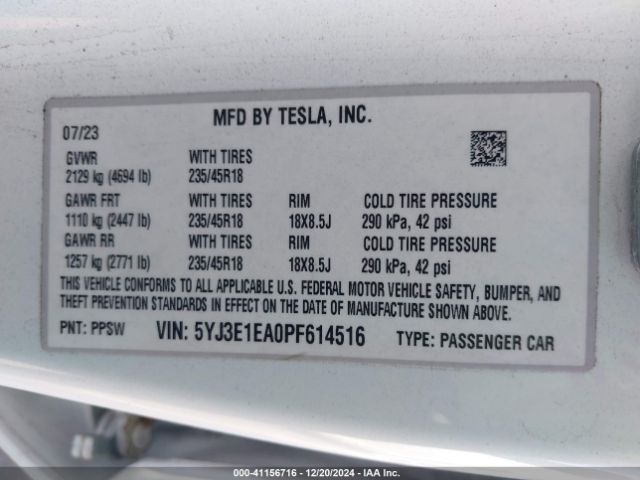 5YJ3E1EA0PF614516 Tesla Model 3 Rear-wheel Drive