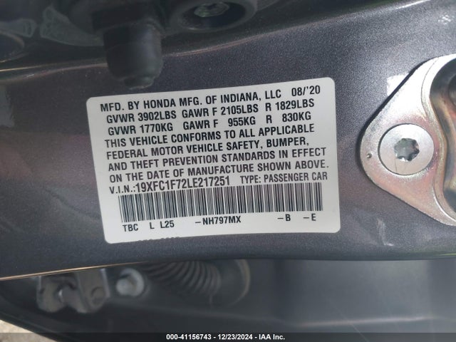 2020 Honda Civic Ex-l მანქანა იყიდება აუქციონზე, vin: 19XFC1F72LE217251, აუქციონის ნომერი: 41156743