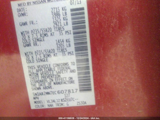 5N1AR2MN7EC607817 Nissan Pathfinder Platinum