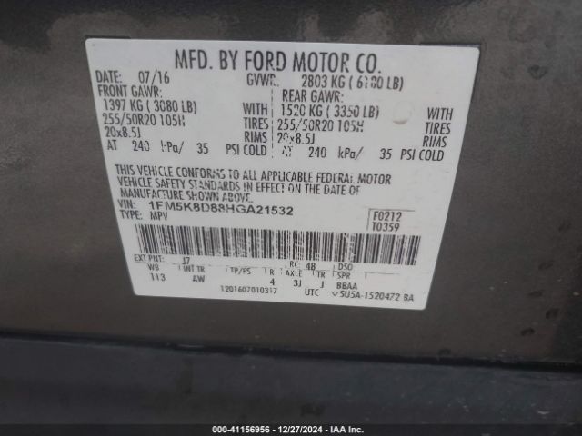 1FM5K8D88HGA21532 Ford EXPLORER XLT