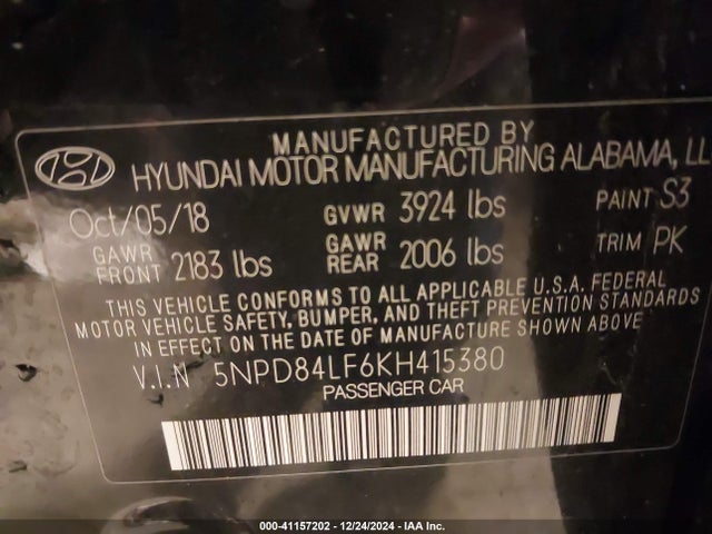 5NPD84LF6KH415380 Hyundai Elantra Value Edition
