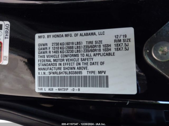 5FNRL6H76LB038695 Honda Odyssey Ex-l/ex-l W/navi   Res