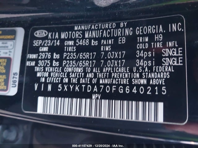 KIA Sorento Lx V6 2015 5XYKTDA70FG640215 Image 9