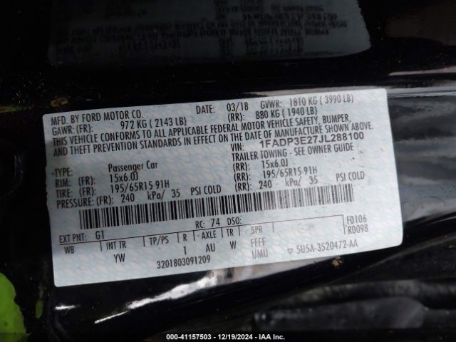 1FADP3E27JL288100 Ford FOCUS S