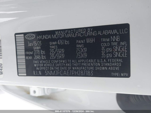 5NMJFCAE7PH287183 Hyundai TUCSON SEL