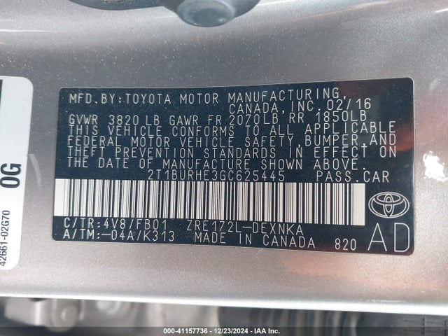 Продаж на аукціоні авто 2016 Toyota Corolla Le Plus, vin: 2T1BURHE3GC625445, номер лоту: 41157736