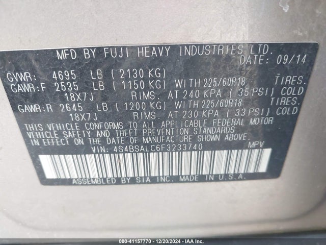 Subaru Outback 2.5i Limited 2015 4S4BSALC6F3233740 Image 9