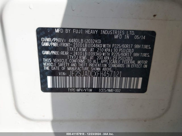 Subaru Forester 2.5i Premium 2015 JF2SJADCXFH457121 Image 9
