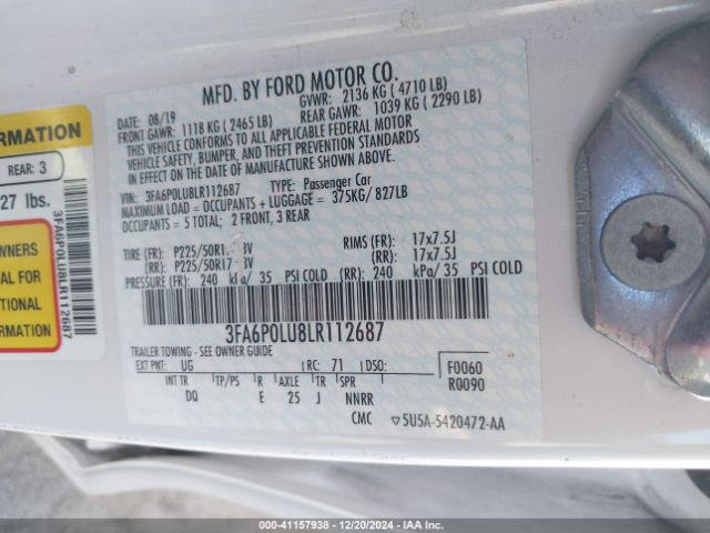 3FA6P0LU8LR112687 Ford Fusion Hybrid Se