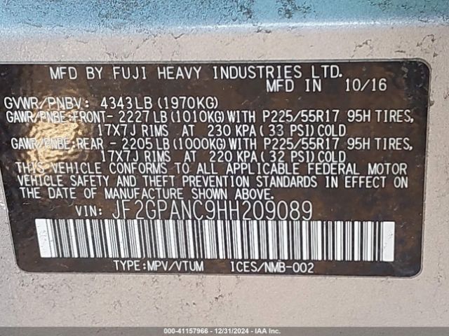 JF2GPANC9HH209089 Subaru Crosstrek 2.0i Limited