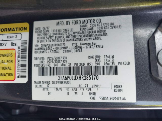 3FA6P0LUXHR385170 Ford Fusion Hybrid Se