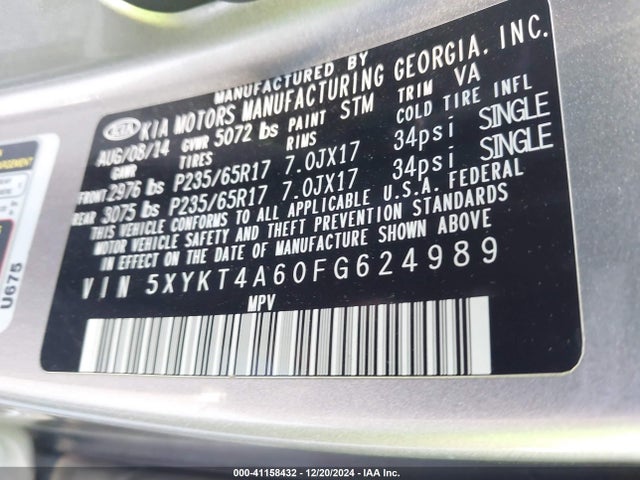 KIA SORENTO LX 2015 5XYKT4A60FG624989 Image 9