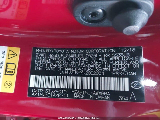 Lexus UX 250H 2019 JTHU9JBHXK2002084 Image 9