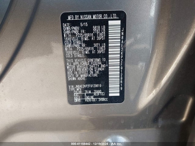 Nissan QUEST S 2015 JN8AE2KP2F9129619 Image 9