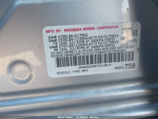 2015 MITSUBISHI OUTLANDER JA4AD2A38FZ012814 Photo 8