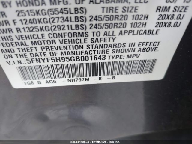 5FNYF5H95GB001643 Honda Pilot Touring