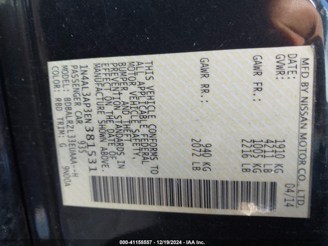 41158557 :رقم المزاد ، 1N4AL3AP3EN381531 vin ، 2014 Nissan Altima 2.5 S مزاد بيع
