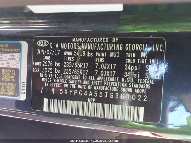 5XYPG4A55JG361022 KIA Sorento 3.3l Lx