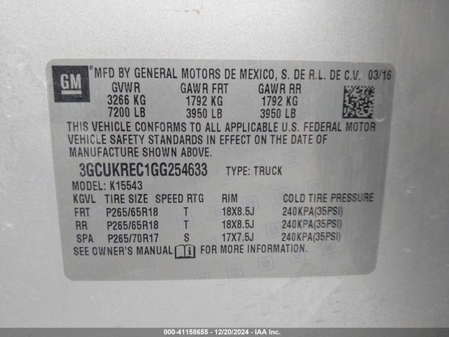 3GCUKREC1GG254633 Chevrolet l83 - sidi, vvt, afm, e85 max, aluminum