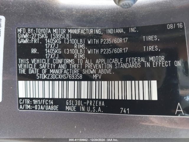 5TDKZ3DCXHS769358 Toyota Sienna Le 8 Passenger