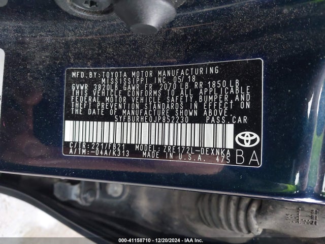 Toyota COROLLA LE 2018 5YFBURHE0JP852230 Image 9