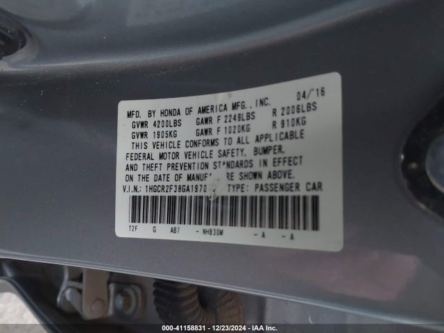 Honda ACCORD LX 2016 1HGCR2F38GA197019 Image 9