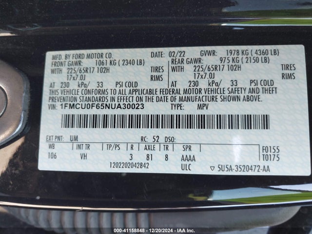 Ford ESCAPE S 2022 1FMCU0F65NUA30023 Image 9