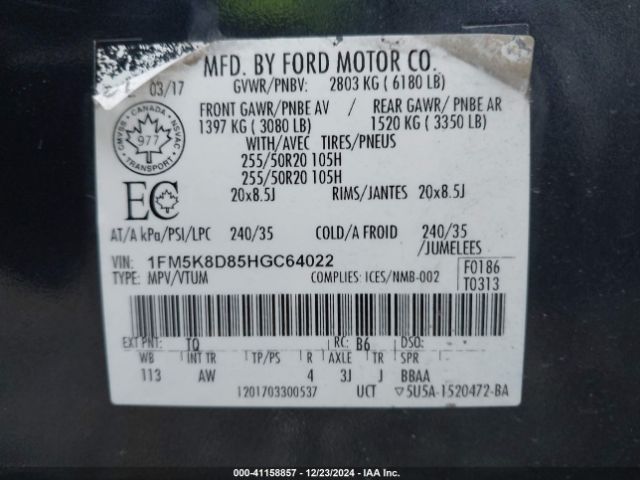 1FM5K8D85HGC64022 Ford EXPLORER XLT