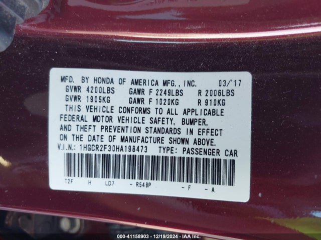 Honda ACCORD LX 2017 1HGCR2F30HA198473 Image 9