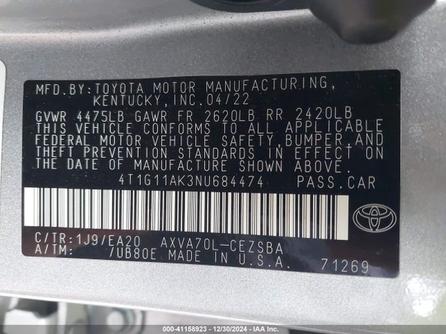 Toyota CAMRY SE 2022 4T1G11AK3NU684474 Image 9