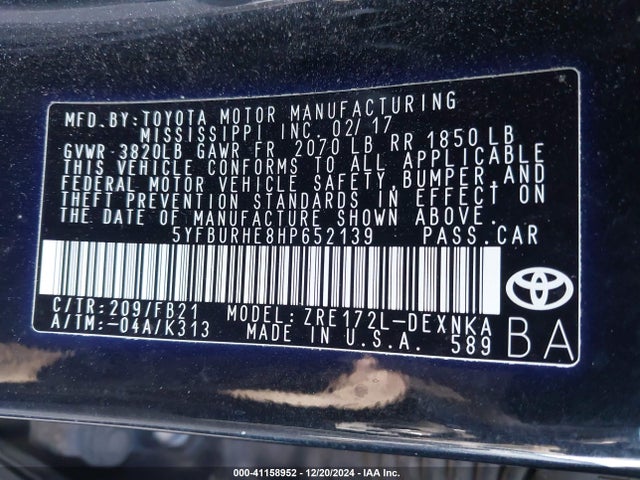 Toyota COROLLA LE 2017 5YFBURHE8HP652139 Image 9