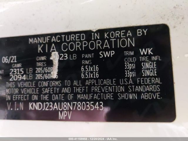 KNDJ23AU8N7803543 KIA SOUL LX