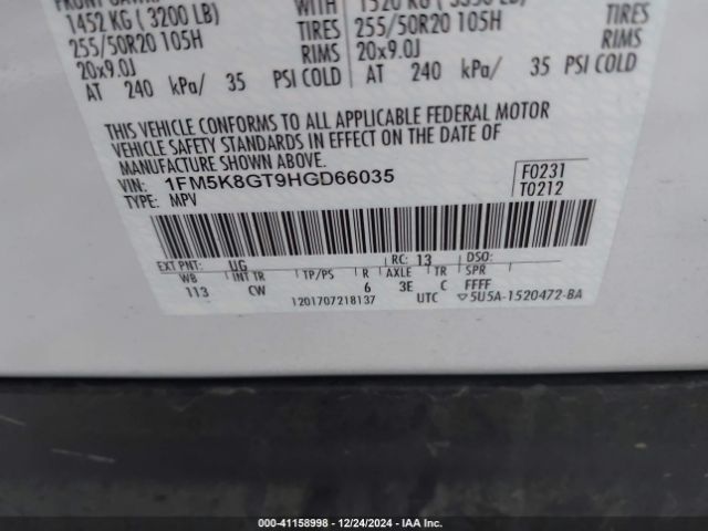 1FM5K8GT9HGD66035 Ford EXPLORER SPORT