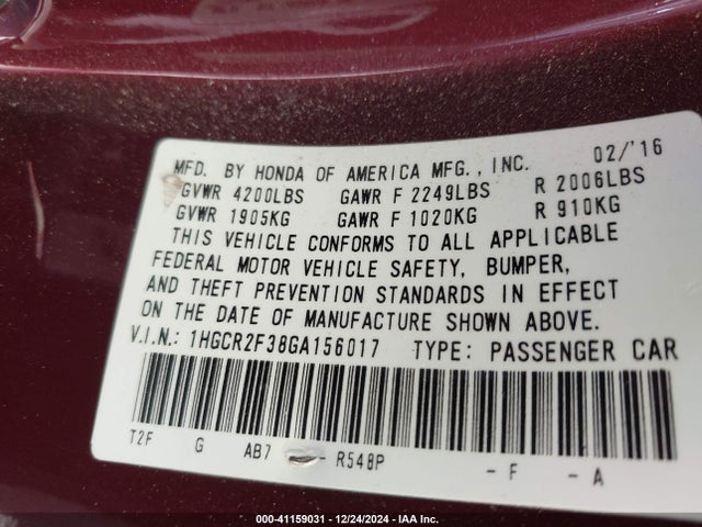 Honda ACCORD LX 2016 1HGCR2F38GA156017 Image 9