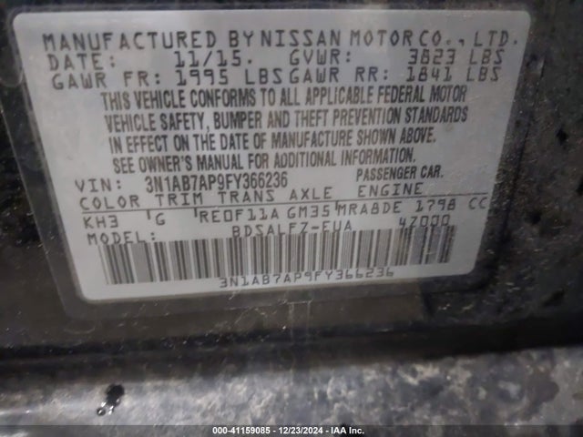 Nissan Sentra Fe+ S 2015 3N1AB7AP9FY366236 Image 9