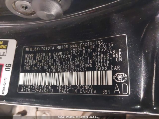 2T1BURHE3GC633514 Toyota Corolla Le Plus
