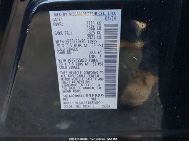 5N1AR2MN4EC696889 Nissan Pathfinder Platinum/s/sl/sv