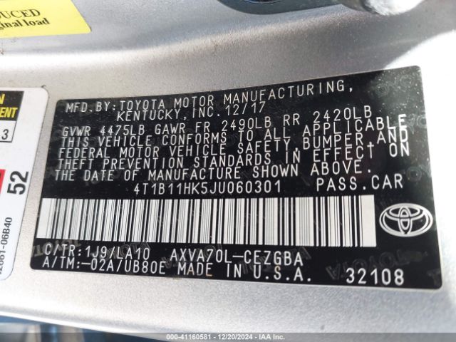 4T1B11HK5JU060301 Toyota CAMRY XLE