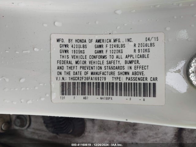 Honda ACCORD LX 2015 1HGCR2F36FA169279 Image 9