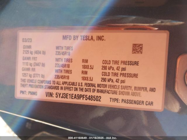 5YJ3E1EA9PF548502 Tesla Model 3 Rear-wheel Drive