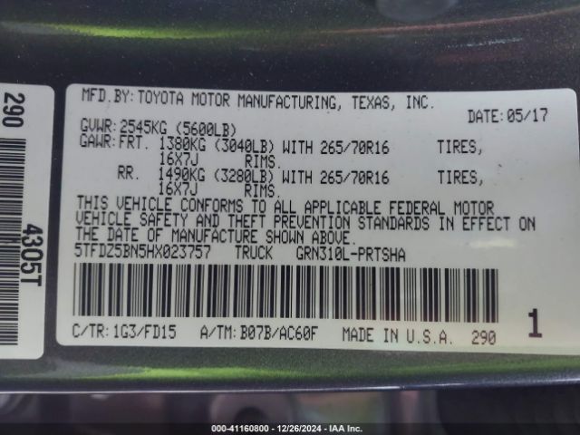 5TFDZ5BN5HX023757 Toyota Tacoma Trd Off Road
