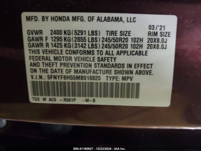 5FNYF8H55MB018825 Honda Passport Awd Ex-l