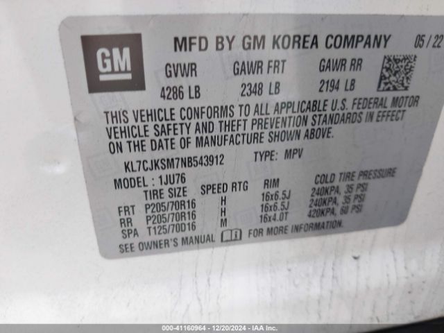 KL7CJKSM7NB543912 Chevrolet Trax Fwd Ls