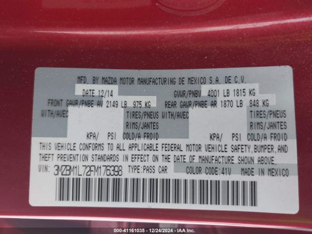 3MZBM1L72FM176398 Mazda Mazda3 I Touring