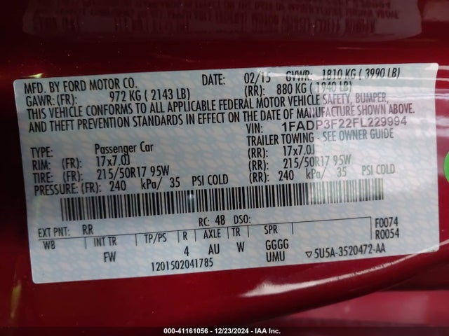 Ford FOCUS SE 2015 1FADP3F22FL229994 Image 9